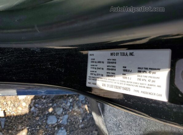 5YJ3E1EB2KF194825 2019 TESLA OTHER Черный Вид подкапотного пространства