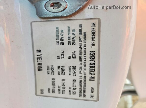 5YJ3E1EB2LF665339 2020 TESLA MODEL White VIN sticker view