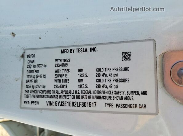5YJ3E1EB2LF801517 2020 TESLA MODEL White 