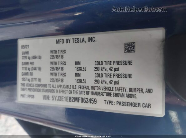 5YJ3E1EB2MF063459 2021 TESLA MODEL 3 Blue Շարժիչի բաժամունքի տեսք