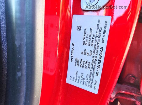 5YJ3E1EB2MF085834 2021 TESLA MODEL Red Vista del compartimento del motor