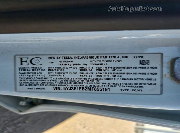 5YJ3E1EB2MF855191 2021 TESLA MODEL White Engine compartment view