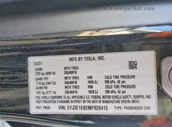 5YJ3E1EB2MF928415 2021 TESLA MODEL Black Widok naklejki z numerem VIN