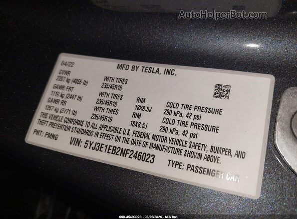 5YJ3E1EB2NF246023 2022 TESLA MODEL 3 Серый Вид подкапотного пространства