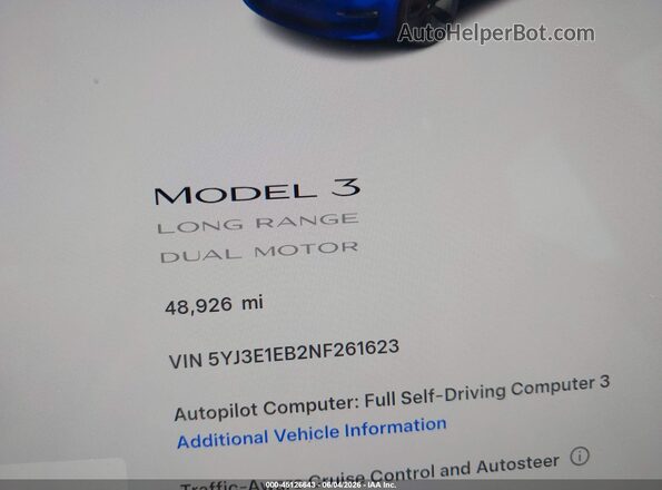 5YJ3E1EB2NF261623 2022 TESLA MODEL 3 Синий 