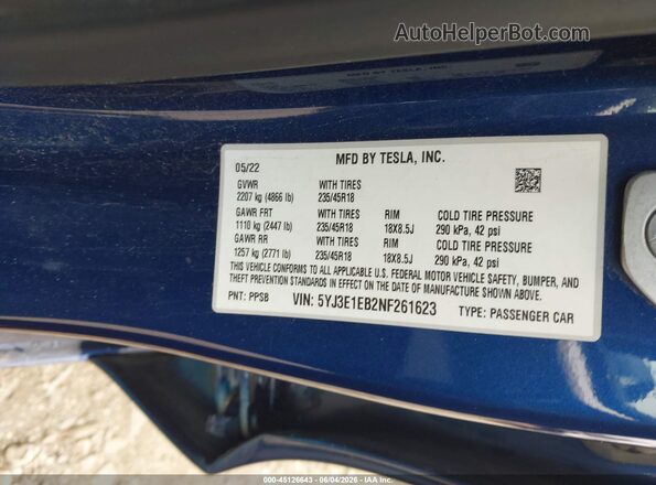 5YJ3E1EB2NF261623 2022 TESLA MODEL 3 Синий Вид подкапотного пространства