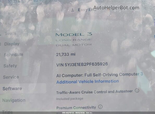 5YJ3E1EB2PF635926 2023 TESLA MODEL 3 Blue უკანა სალონის ხედი