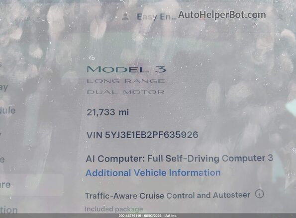 5YJ3E1EB2PF635926 2023 TESLA MODEL 3 Blue უკანა სავარძლების ხედი