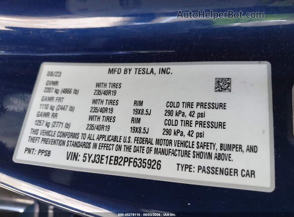 5YJ3E1EB2PF635926 2023 TESLA MODEL 3 Blue ძრავის განყოფილების ხედი