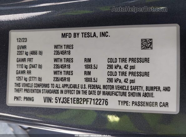 5YJ3E1EB2PF712276 2023 TESLA MODEL 3 Gray Շարժիչի բաժամունքի տեսք
