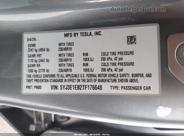 5YJ3E1EB2TF176648 2026 TESLA MODEL 3 Серый Вид подкапотного пространства