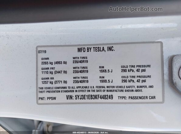 5YJ3E1EB3KF448249 2019 TESLA MODEL 3 Gray Շարժիչի բաժամունքի տեսք