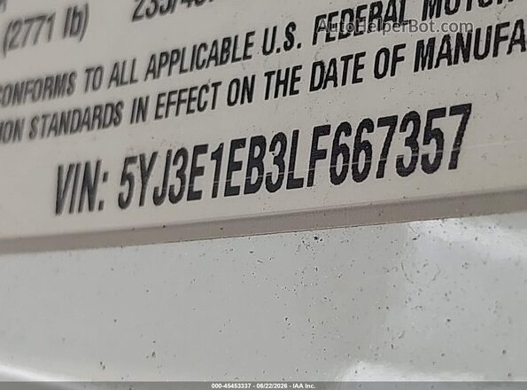 5YJ3E1EB3LF667357 2020 TESLA MODEL 3 White Շարժիչի բաժամունքի տեսք
