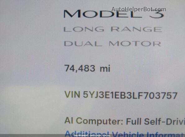 5YJ3E1EB3LF703757 2020 TESLA MODEL 3 White 
