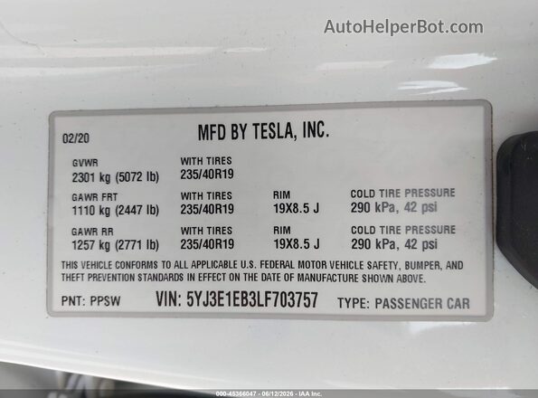 5YJ3E1EB3LF703757 2020 TESLA MODEL 3 White Vista del compartimento del motor