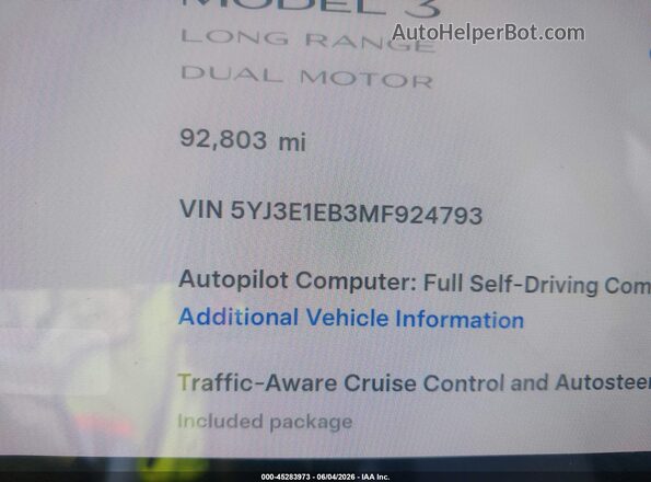 5YJ3E1EB3MF924793 2021 TESLA MODEL 3 White Հետևի նստատեղերի տեսք