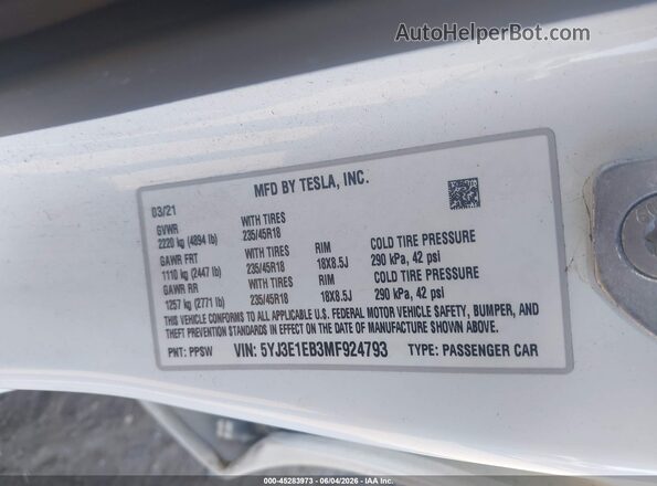 5YJ3E1EB3MF924793 2021 TESLA MODEL 3 White Շարժիչի բաժամունքի տեսք