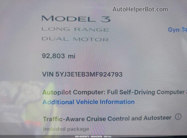 5YJ3E1EB3MF924793 2021 TESLA MODEL 3 White 