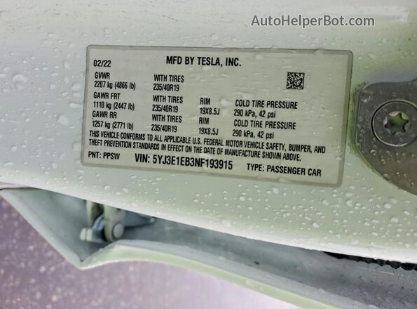 5YJ3E1EB3NF193915 2022 TESLA MODEL Белый 