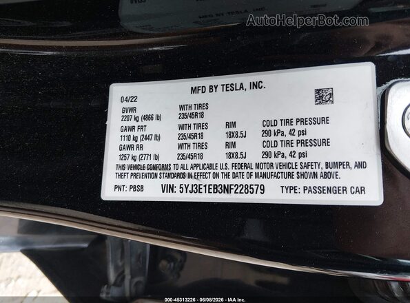 5YJ3E1EB3NF228579 2022 TESLA MODEL 3 Черный Вид подкапотного пространства