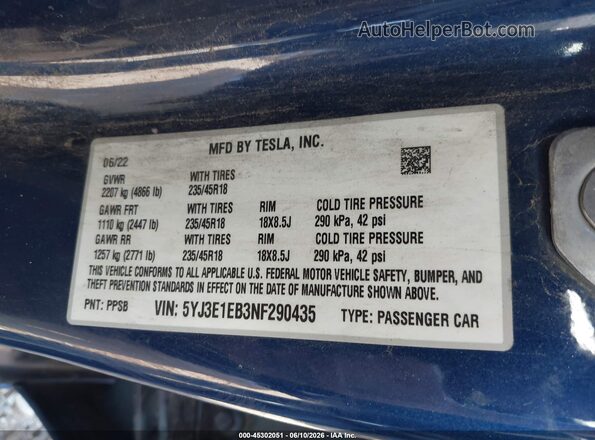 5YJ3E1EB3NF290435 2022 TESLA MODEL 3 Blue Engine compartment view