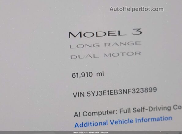 5YJ3E1EB3NF323899 2022 TESLA MODEL 3 Белый 