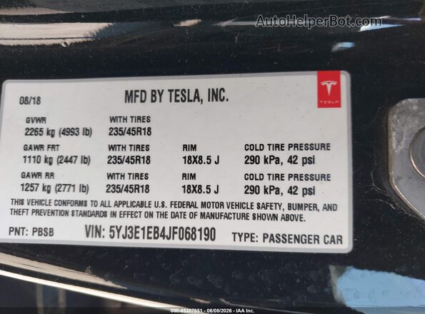 5YJ3E1EB4JF068190 2018 TESLA MODEL 3 Black Շարժիչի բաժամունքի տեսք