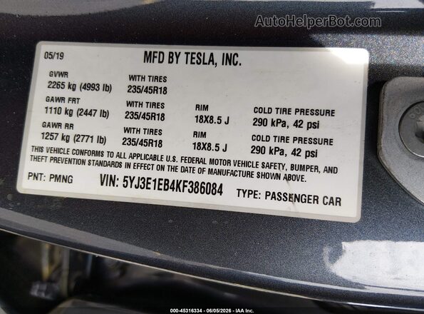 5YJ3E1EB4KF386084 2019 TESLA MODEL 3 Gray 