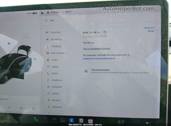 5YJ3E1EB4KF425563 2019 TESLA MODEL 3 Gray Հետևի նստատեղերի տեսք
