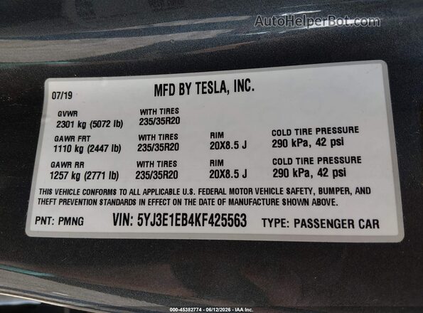 5YJ3E1EB4KF425563 2019 TESLA MODEL 3 Gray Շարժիչի բաժամունքի տեսք