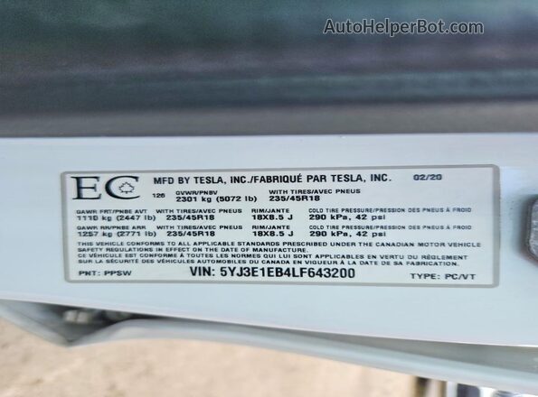 5YJ3E1EB4LF643200 2020 TESLA MODEL White Engine compartment view