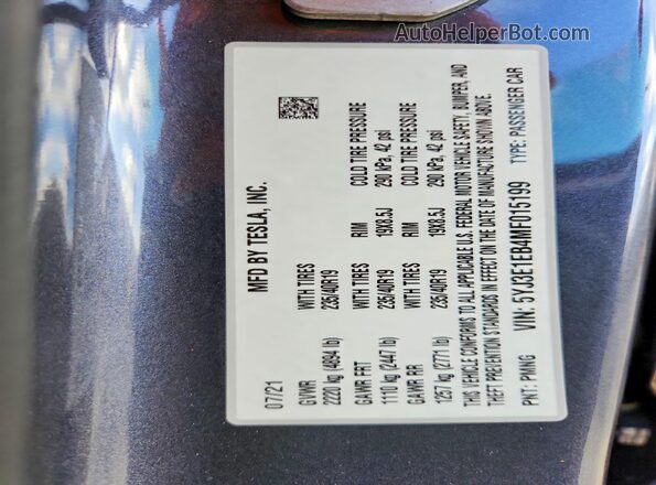 5YJ3E1EB4MF015199 2021 TESLA MODEL Серый Вид подкапотного пространства