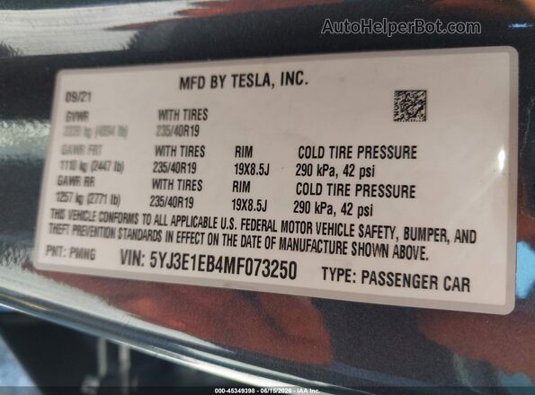 5YJ3E1EB4MF073250 2021 TESLA MODEL 3 Black Շարժիչի բաժամունքի տեսք