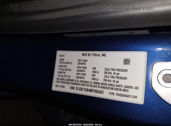 5YJ3E1EB4MF995467 2021 TESLA MODEL 3 Blue Vista del compartimento del motor