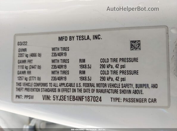 5YJ3E1EB4NF187024 2022 TESLA MODEL 3 White Շարժիչի բաժամունքի տեսք
