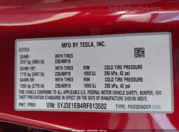 5YJ3E1EB4RF813502 2024 TESLA MODEL 3 Red Widok komory silnika