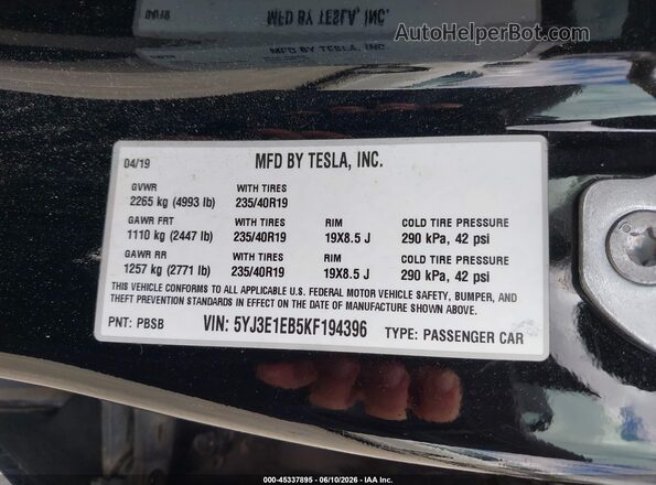 5YJ3E1EB5KF194396 2019 TESLA MODEL 3 Black 