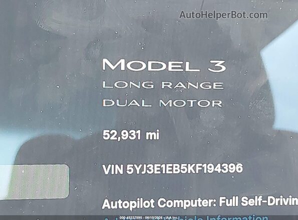 5YJ3E1EB5KF194396 2019 TESLA MODEL 3 Black 