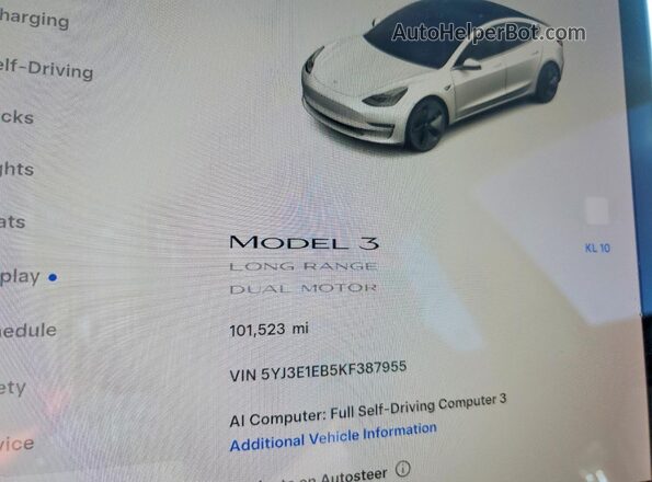 5YJ3E1EB5KF387955 2019 TESLA MODEL Белый Вид щитка приборов