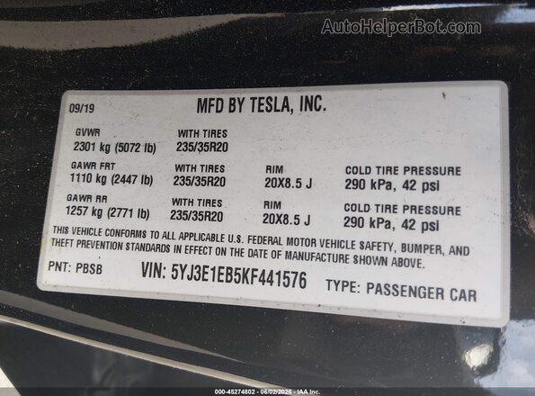 5YJ3E1EB5KF441576 2019 TESLA MODEL 3 Black Вид підкапотного простору