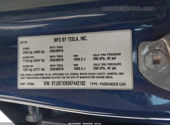 5YJ3E1EB5KF442162 2019 TESLA MODEL 3 Blue Շարժիչի բաժամունքի տեսք