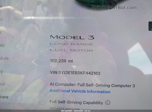 5YJ3E1EB5KF442162 2019 TESLA MODEL 3 Blue Սալոնի 360 աստիճան տեսք