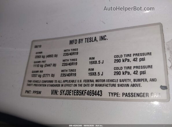 5YJ3E1EB5KF469443 2019 TESLA MODEL 3 White Widok komory silnika