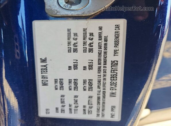 5YJ3E1EB5LF617625 2020 TESLA MODEL Синий Вид наклейки с VIN-кодом