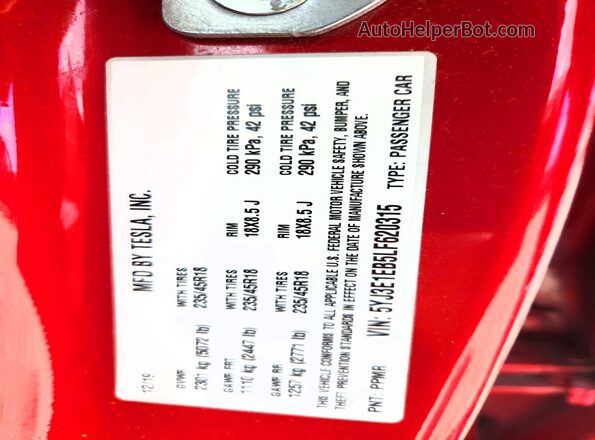 5YJ3E1EB5LF620315 2020 TESLA MODEL Red 