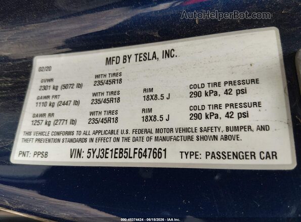 5YJ3E1EB5LF647661 2020 TESLA MODEL 3 Blue Widok komory silnika