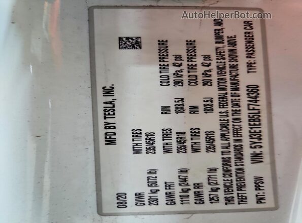 5YJ3E1EB5LF744360 2020 TESLA MODEL White Շարժիչի բաժամունքի տեսք