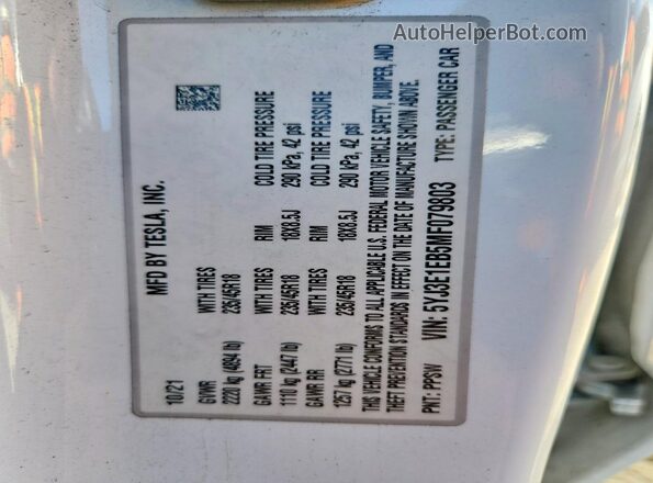 5YJ3E1EB5MF079803 2021 TESLA MODEL White VIN კოდის სტიკერის ხედი