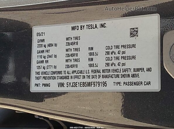 5YJ3E1EB5MF979195 2021 TESLA MODEL 3 Gray Widok komory silnika