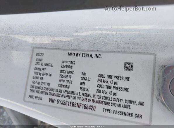 5YJ3E1EB5NF168420 2022 TESLA MODEL 3 White Vista del compartimento del motor